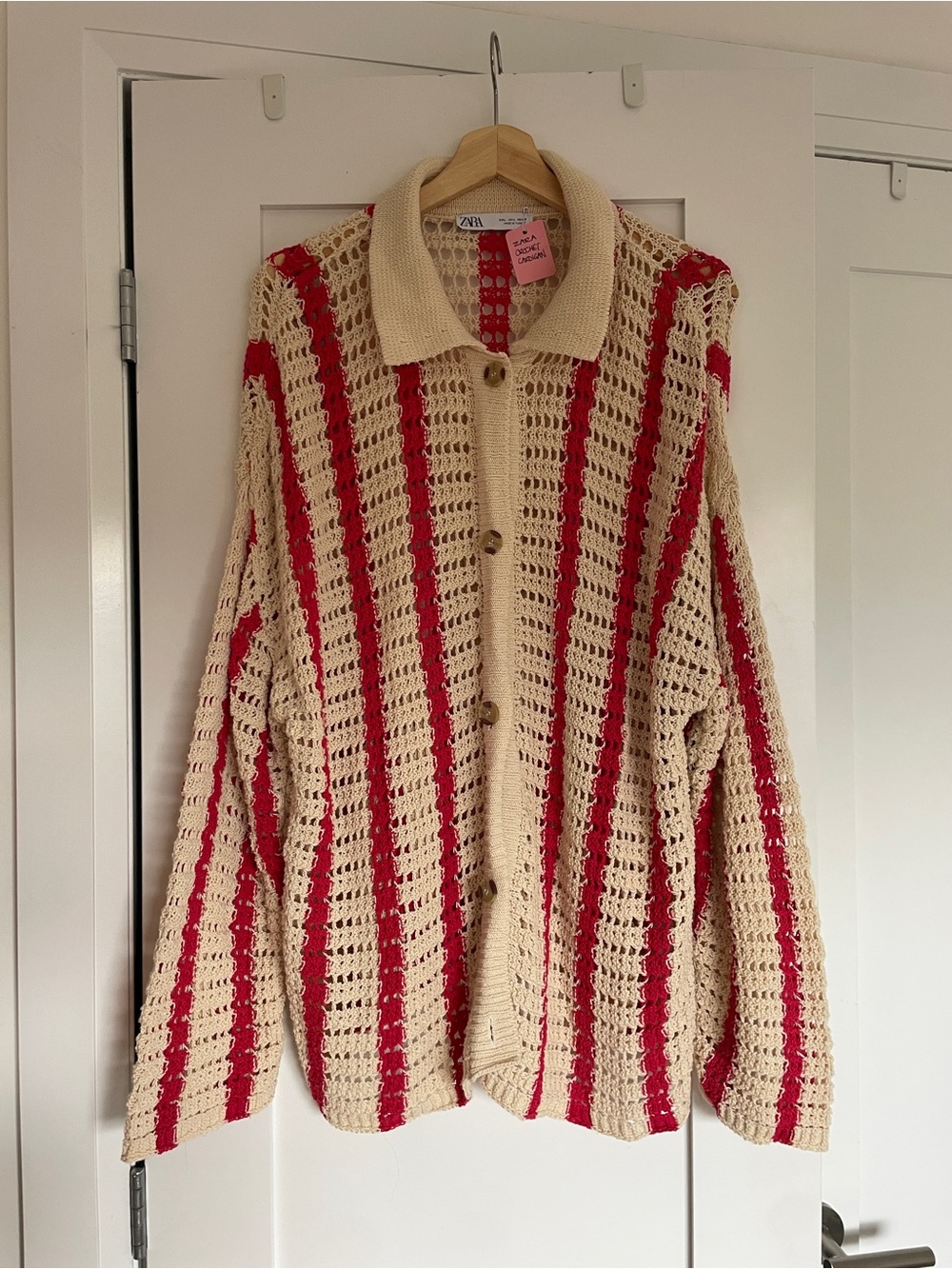 Zara Cream and Red Striped Open-Knit Button Cardigan